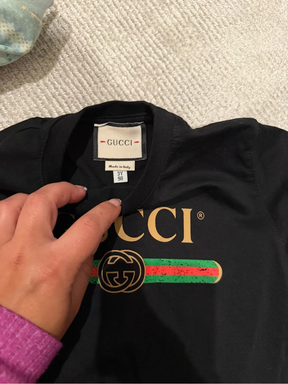 Gucci Black Tee with Gold Logo and Green-Red stripe  box and bag